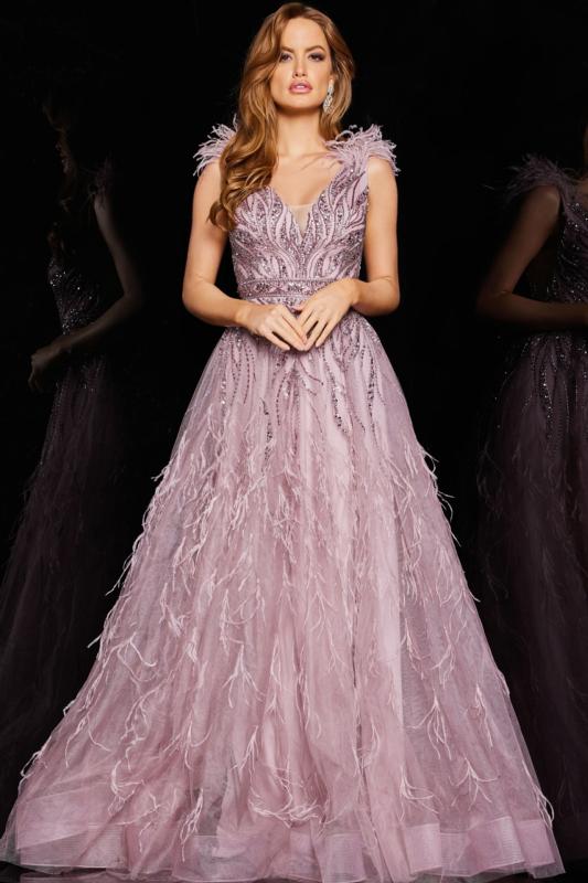 VESTIDO FIESTA JOVANI LILA PLUMAS