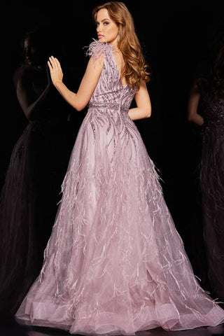 VESTIDO FIESTA JOVANI LILA PLUMAS